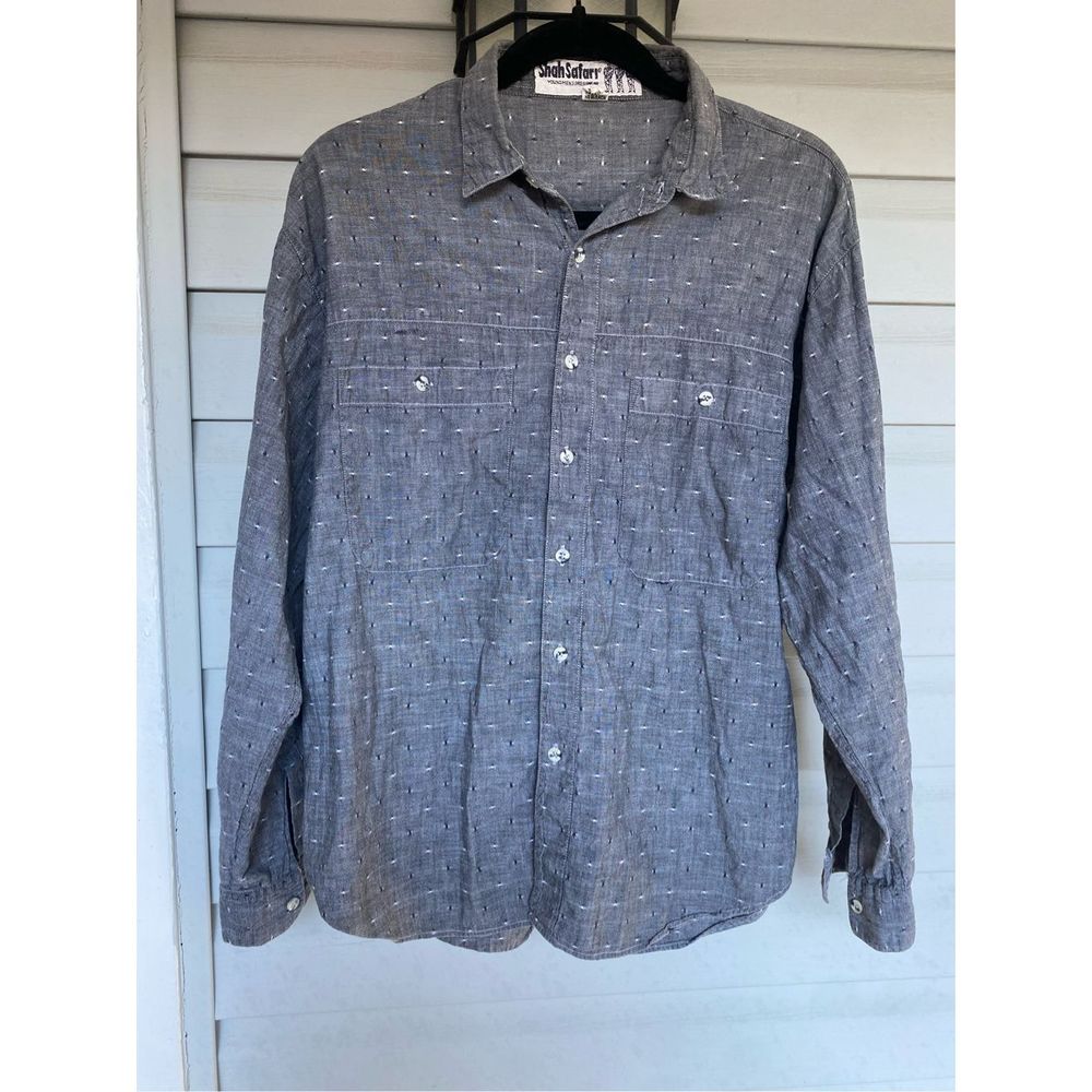 Shah Safari Gray Black Flecked Cotton Button-Up Shirt, Men's Size Large
